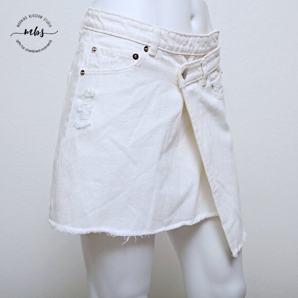 NWT Etophe Studios Asymmetrical Distressed Mini Denim Skirt with Raw Hem - Picture 7 of 13